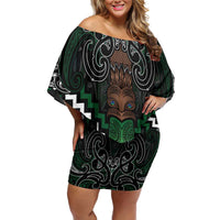 Maori Taiaha Pounamu Whakairo Personalized Family Matching Off Shoulder Short Dress and Hawaiian Shirt Jade Poutama Motifs LT7 Mom's Dress Jade - Polynesian Pride