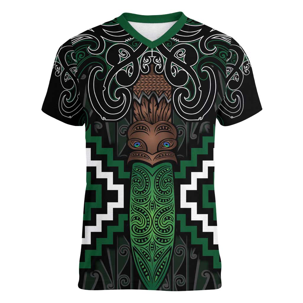 Maori Taiaha Pounamu Whakairo Personalized Women V-Neck T-Shirt Jade Poutama Motifs