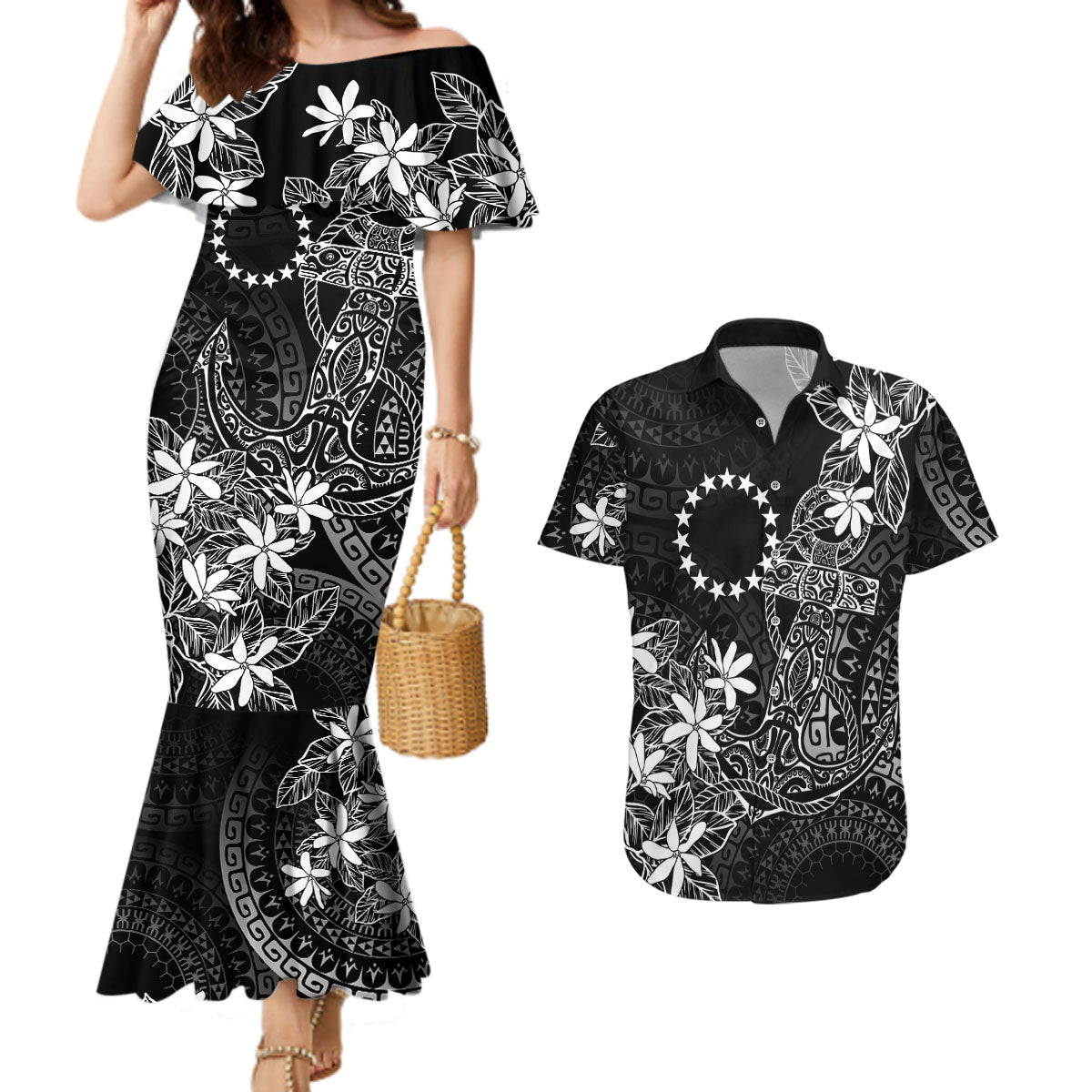 Black Kuki Airani Tapakau Couples Matching Mermaid Dress and Hawaiian Shirt Tribal Anchor Mix Tiare LT7 Black - Polynesian Pride