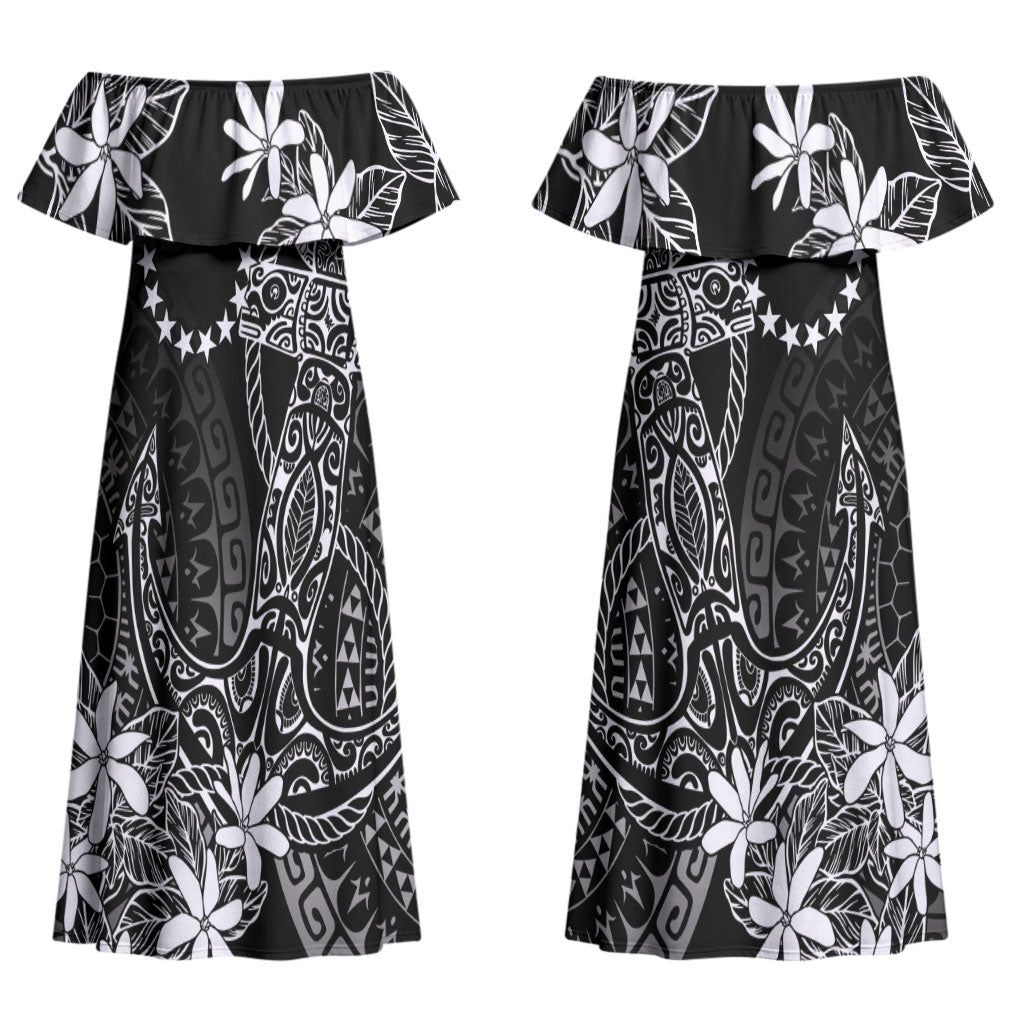 Black Kuki Airani Tapakau Couples Matching Off Shoulder Maxi Dress and Long Sleeve Button Shirt Tribal Anchor Mix Tiare LT7 - Polynesian Pride