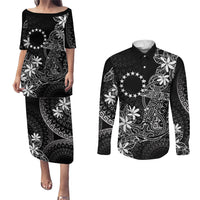 Black Kuki Airani Tapakau Couples Matching Puletasi and Long Sleeve Button Shirt Tribal Anchor Mix Tiare