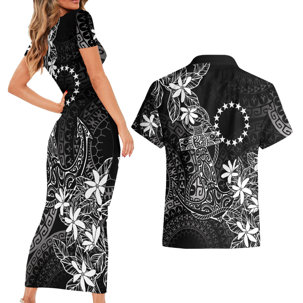 Black Kuki Airani Tapakau Couples Matching Short Sleeve Bodycon Dress and Hawaiian Shirt Tribal Anchor Mix Tiare LT7 - Polynesian Pride