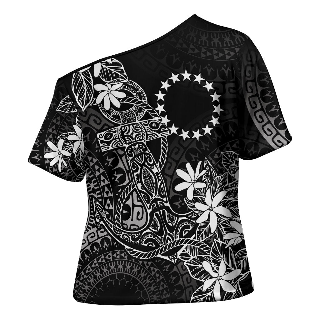 Black Kuki Airani Tapakau Cross Shoulder Shirt Tribal Anchor Mix Tiare