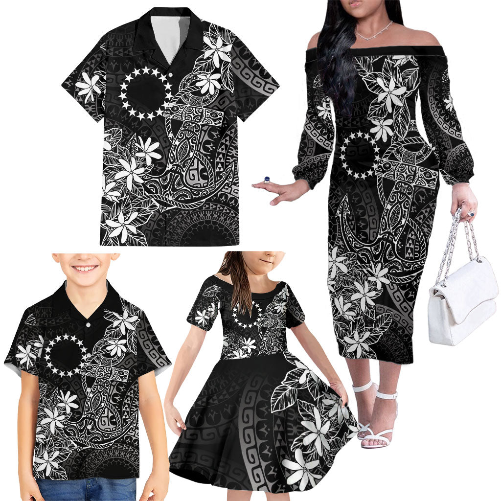 Black Kuki Airani Tapakau Family Matching Off The Shoulder Long Sleeve Dress and Hawaiian Shirt Tribal Anchor Mix Tiare