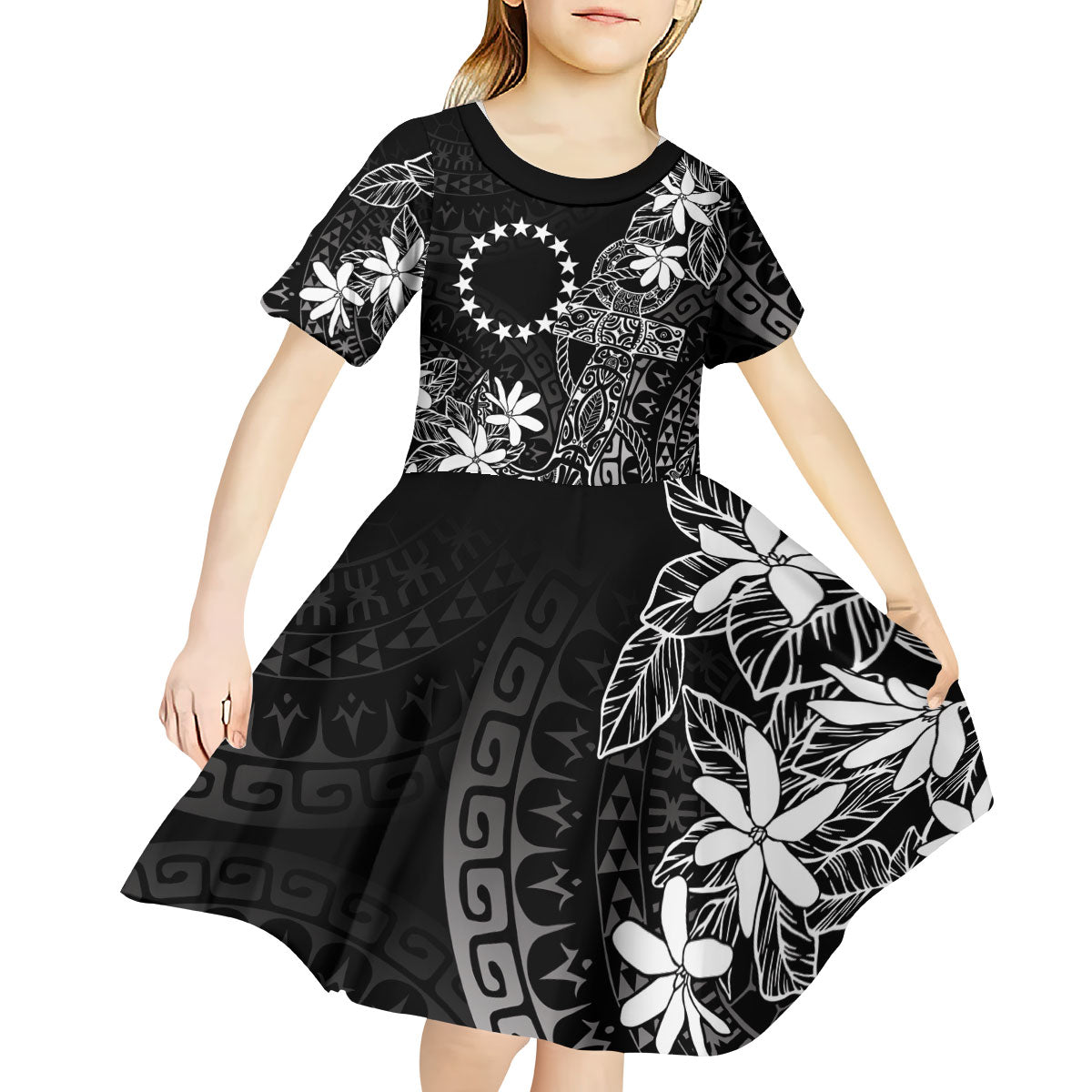 Black Kuki Airani Tapakau Kid Short Sleeve Dress Tribal Anchor Mix Tiare