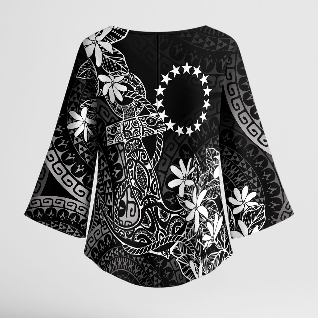 Black Kuki Airani Tapakau Kimono Sleeve Blouse Tribal Anchor Mix Tiare