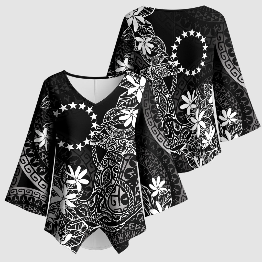 Black Kuki Airani Tapakau Kimono Sleeve Blouse Tribal Anchor Mix Tiare