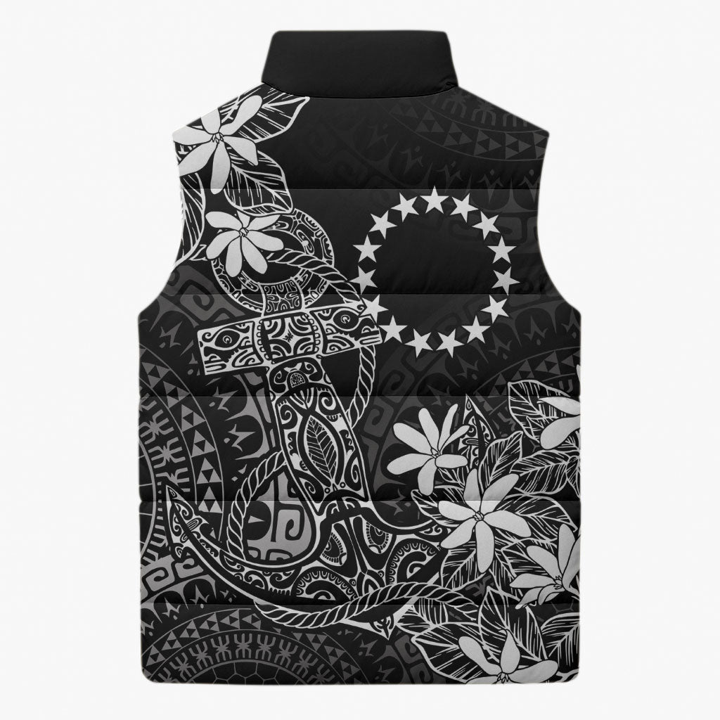 Black Kuki Airani Tapakau Sleeveless Puffer Jacket Tribal Anchor Mix Tiare