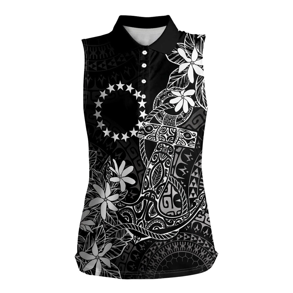 Black Kuki Airani Tapakau Women Sleeveless Polo Shirt Tribal Anchor Mix Tiare