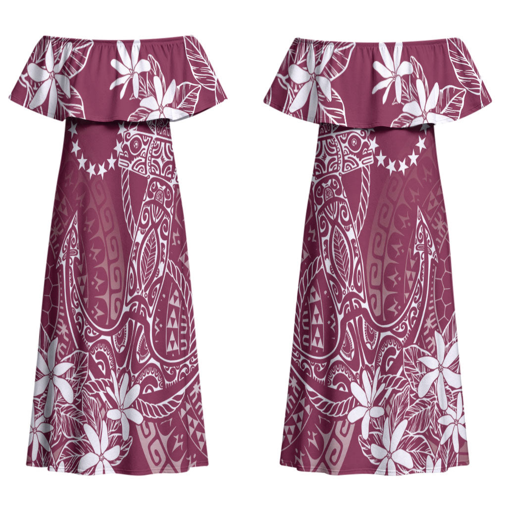 Maroon Kuki Airani Tapakau Couples Matching Off Shoulder Maxi Dress and Long Sleeve Button Shirt Tribal Anchor Mix Tiare LT7 - Polynesian Pride