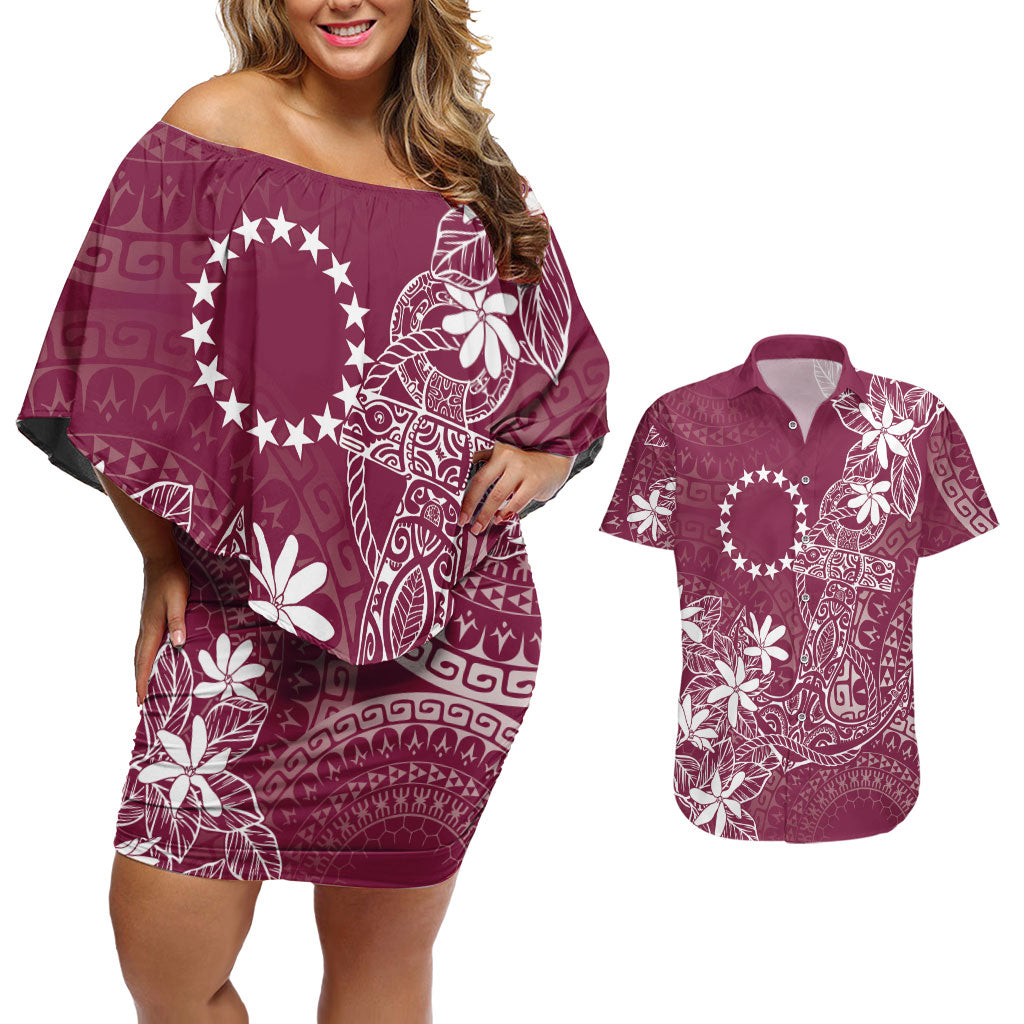 Maroon Kuki Airani Tapakau Couples Matching Off Shoulder Short Dress and Hawaiian Shirt Tribal Anchor Mix Tiare LT7 Maroon - Polynesian Pride