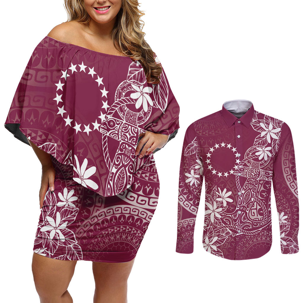 Maroon Kuki Airani Tapakau Couples Matching Off Shoulder Short Dress and Long Sleeve Button Shirt Tribal Anchor Mix Tiare