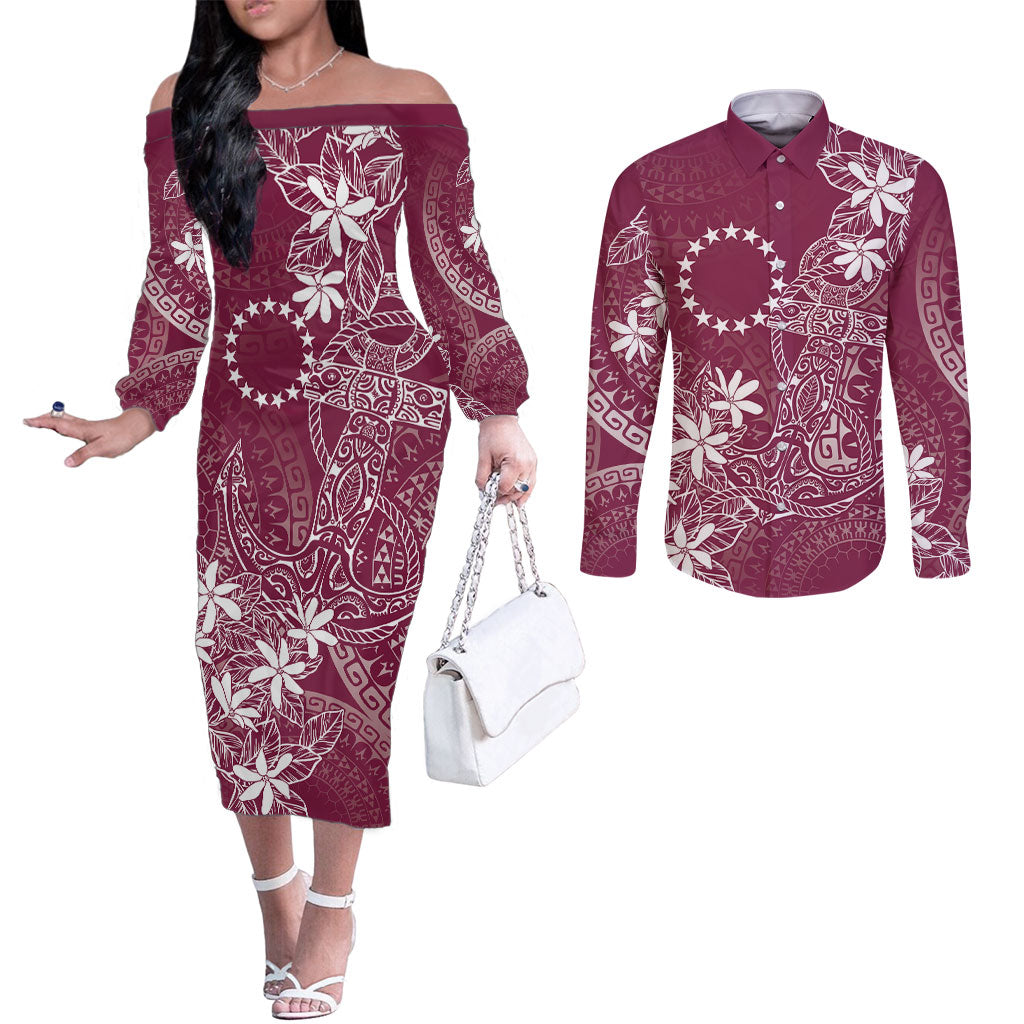 Maroon Kuki Airani Tapakau Couples Matching Off The Shoulder Long Sleeve Dress and Long Sleeve Button Shirt Tribal Anchor Mix Tiare