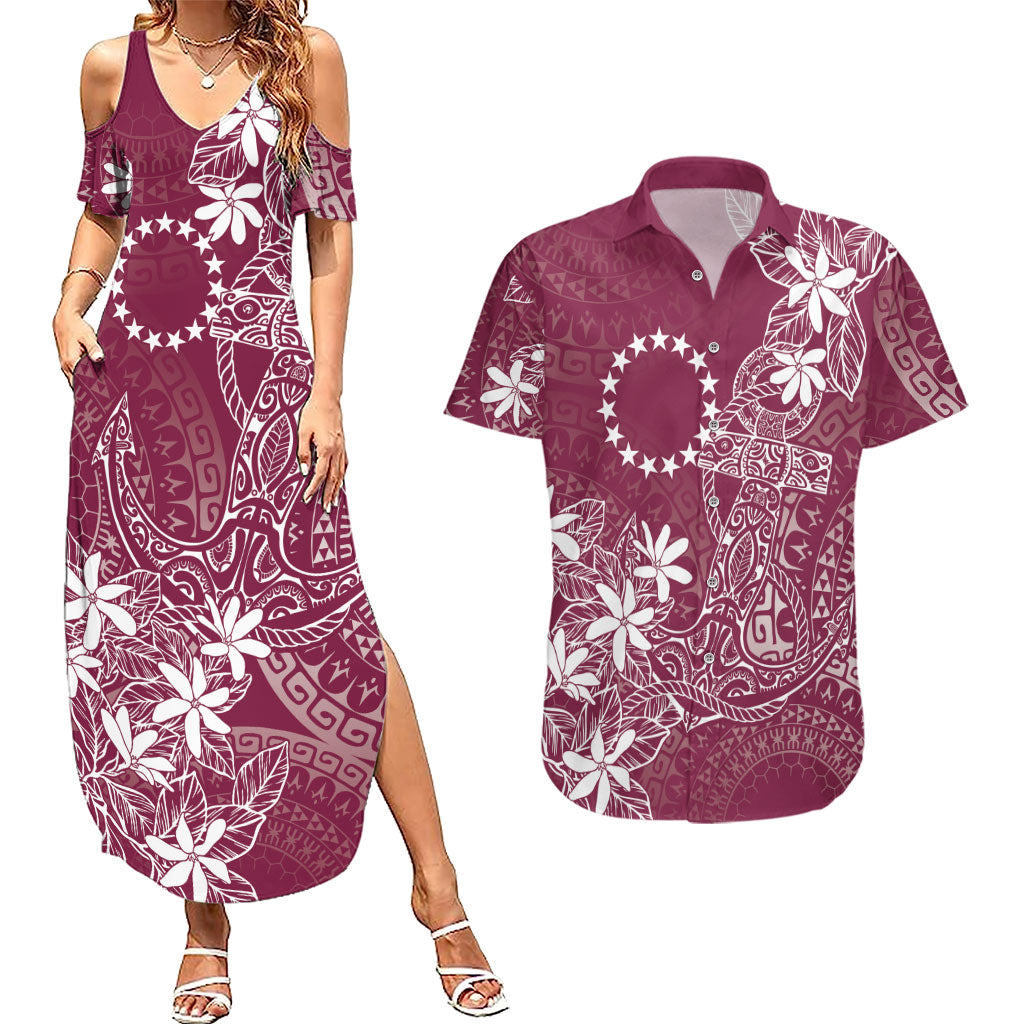Maroon Kuki Airani Tapakau Couples Matching Summer Maxi Dress and Hawaiian Shirt Tribal Anchor Mix Tiare LT7 Maroon - Polynesian Pride