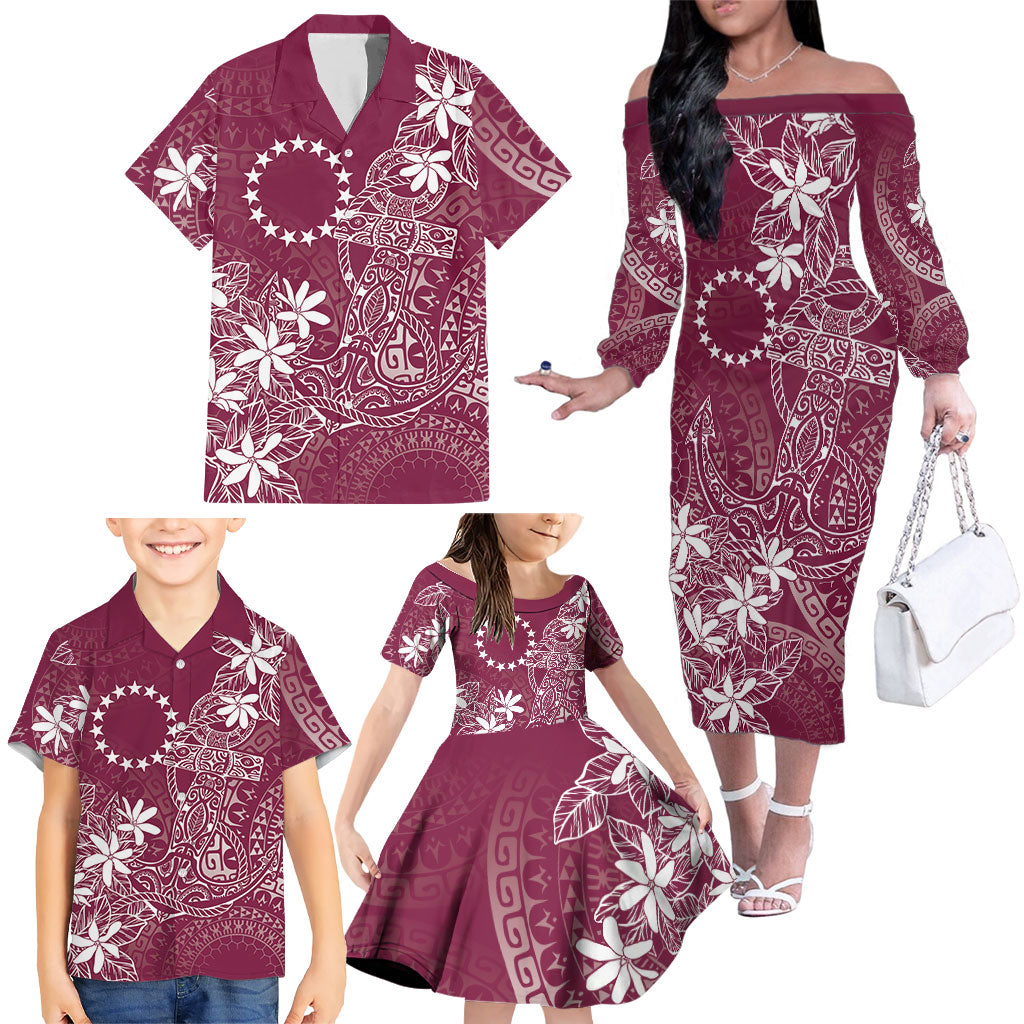 Maroon Kuki Airani Tapakau Family Matching Off The Shoulder Long Sleeve Dress and Hawaiian Shirt Tribal Anchor Mix Tiare LT7 - Polynesian Pride