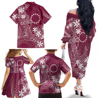 Maroon Kuki Airani Tapakau Family Matching Off The Shoulder Long Sleeve Dress and Hawaiian Shirt Tribal Anchor Mix Tiare LT7 - Polynesian Pride