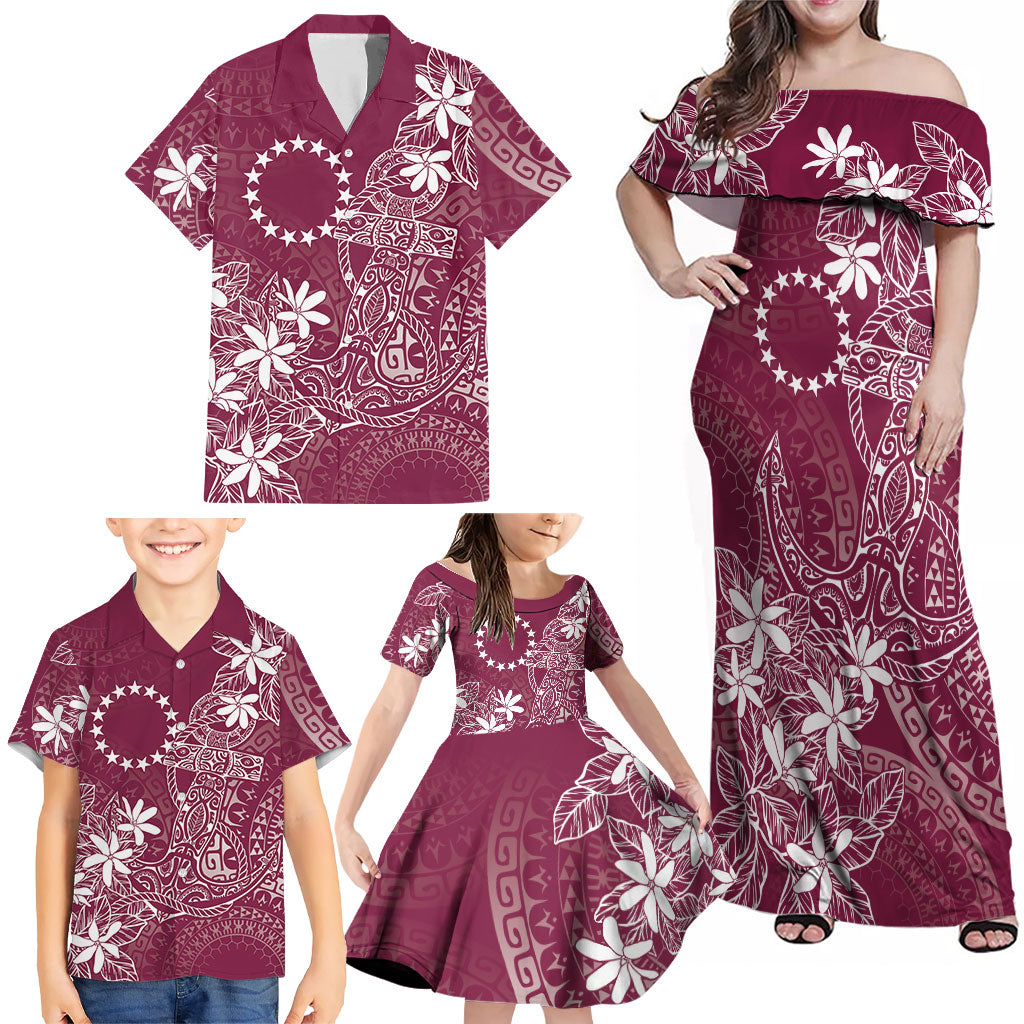 Maroon Kuki Airani Tapakau Family Matching Off Shoulder Maxi Dress and Hawaiian Shirt Tribal Anchor Mix Tiare
