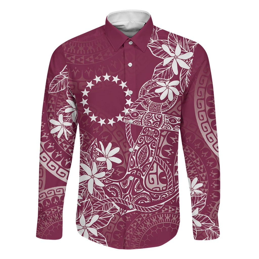 Maroon Kuki Airani Tapakau Family Matching Summer Maxi Dress and Hawaiian Shirt Tribal Anchor Mix Tiare LT7 Dad's Shirt - Long Sleeve Maroon - Polynesian Pride