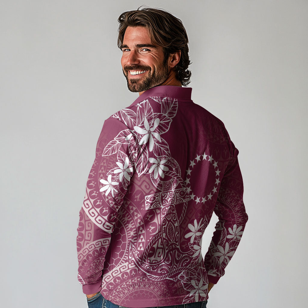 Maroon Kuki Airani Tapakau Long Sleeve Polo Shirt Tribal Anchor Mix Tiare
