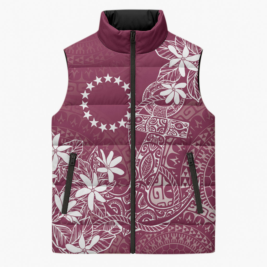 Maroon Kuki Airani Tapakau Sleeveless Puffer Jacket Tribal Anchor Mix Tiare