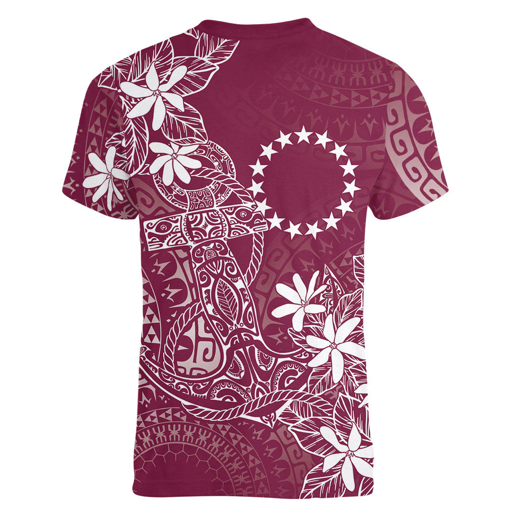 Maroon Kuki Airani Tapakau Women V-Neck T-Shirt Tribal Anchor Mix Tiare