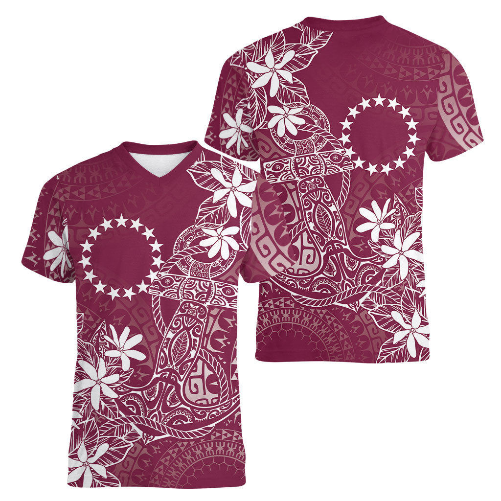 Maroon Kuki Airani Tapakau Women V-Neck T-Shirt Tribal Anchor Mix Tiare