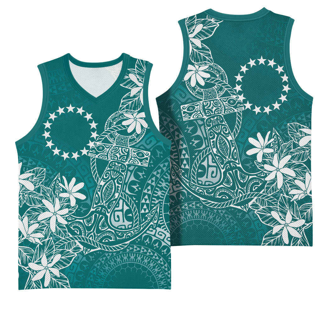 Teal Kuki Airani Tapakau Basketball Jersey Tribal Anchor Mix Tiare