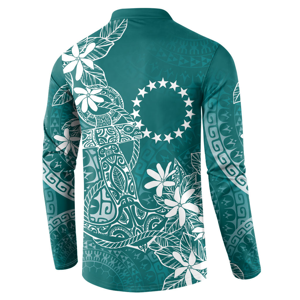 Teal Kuki Airani Tapakau Button Sweatshirt Tribal Anchor Mix Tiare