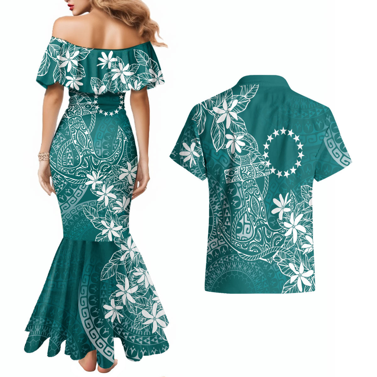 Teal Kuki Airani Tapakau Couples Matching Mermaid Dress and Hawaiian Shirt Tribal Anchor Mix Tiare LT7 - Polynesian Pride