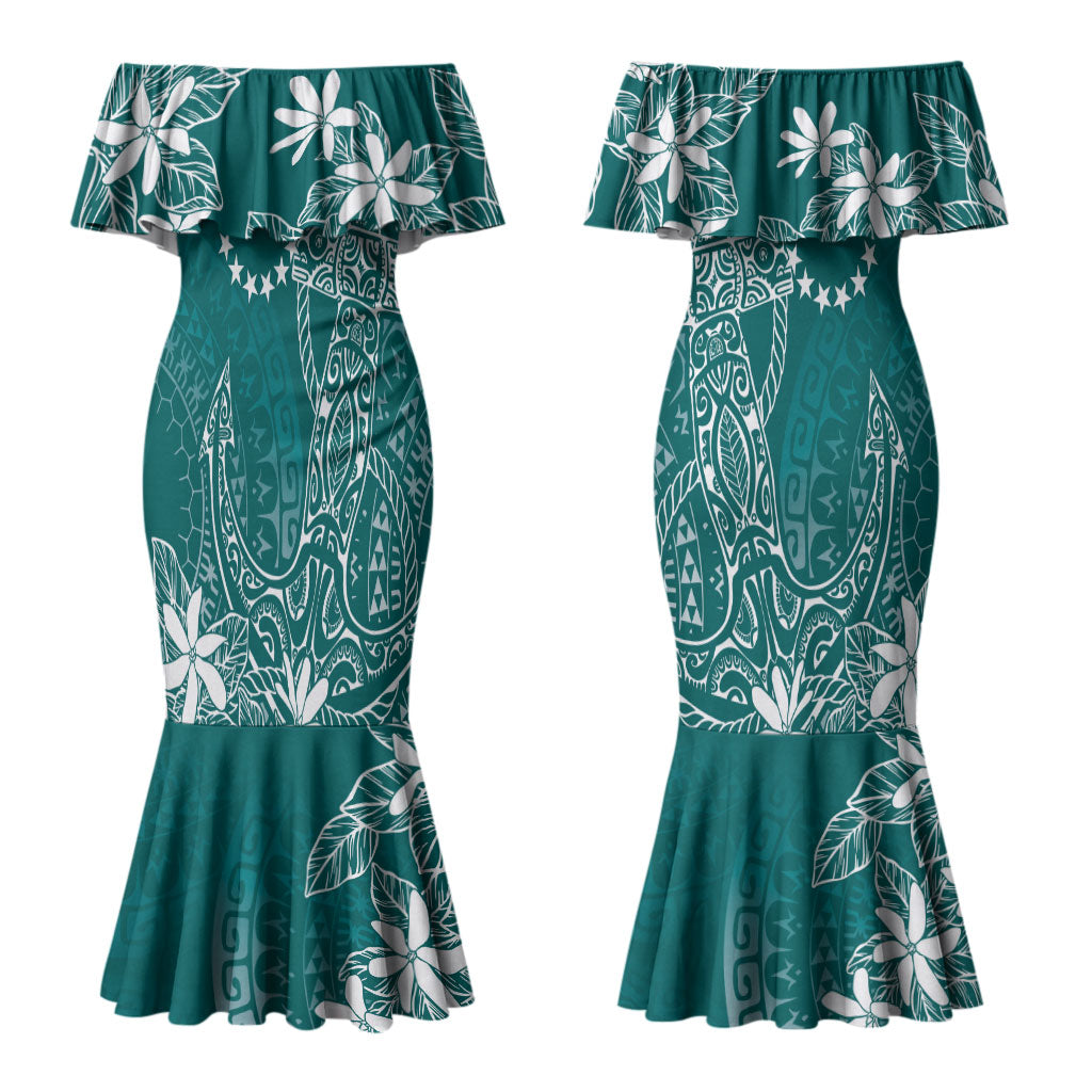 Teal Kuki Airani Tapakau Couples Matching Mermaid Dress and Long Sleeve Button Shirt Tribal Anchor Mix Tiare LT7 - Polynesian Pride