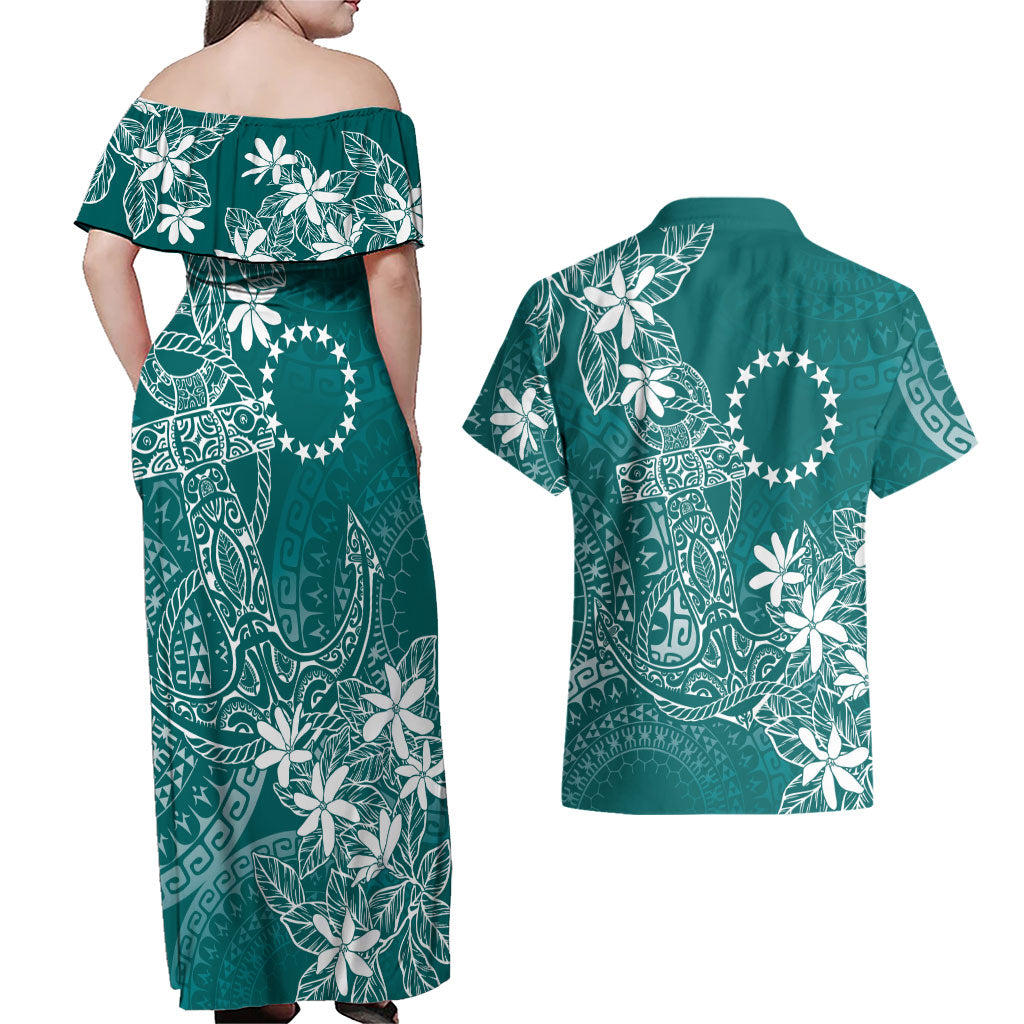 Teal Kuki Airani Tapakau Couples Matching Off Shoulder Maxi Dress and Hawaiian Shirt Tribal Anchor Mix Tiare LT7 - Polynesian Pride