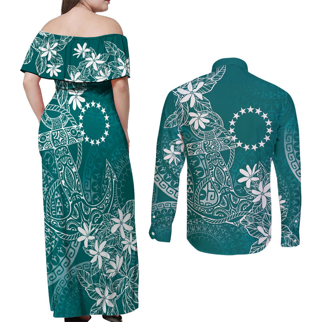 Teal Kuki Airani Tapakau Couples Matching Off Shoulder Maxi Dress and Long Sleeve Button Shirt Tribal Anchor Mix Tiare