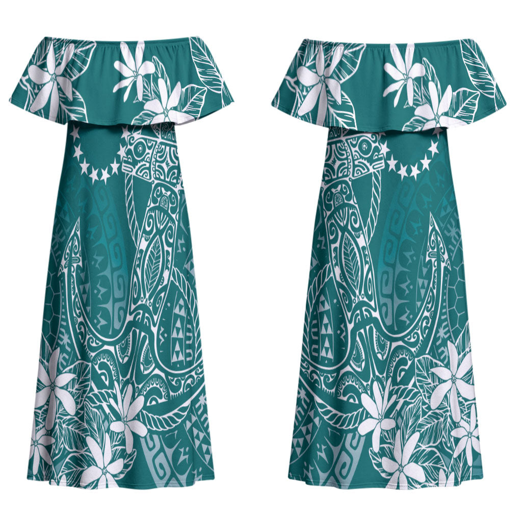 Teal Kuki Airani Tapakau Couples Matching Off Shoulder Maxi Dress and Long Sleeve Button Shirt Tribal Anchor Mix Tiare LT7 - Polynesian Pride