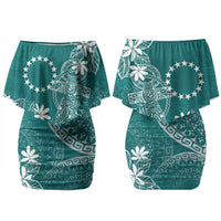 Teal Kuki Airani Tapakau Couples Matching Off Shoulder Short Dress and Long Sleeve Button Shirt Tribal Anchor Mix Tiare LT7 - Polynesian Pride