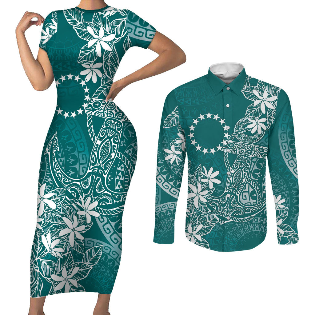 Teal Kuki Airani Tapakau Couples Matching Short Sleeve Bodycon Dress and Long Sleeve Button Shirt Tribal Anchor Mix Tiare