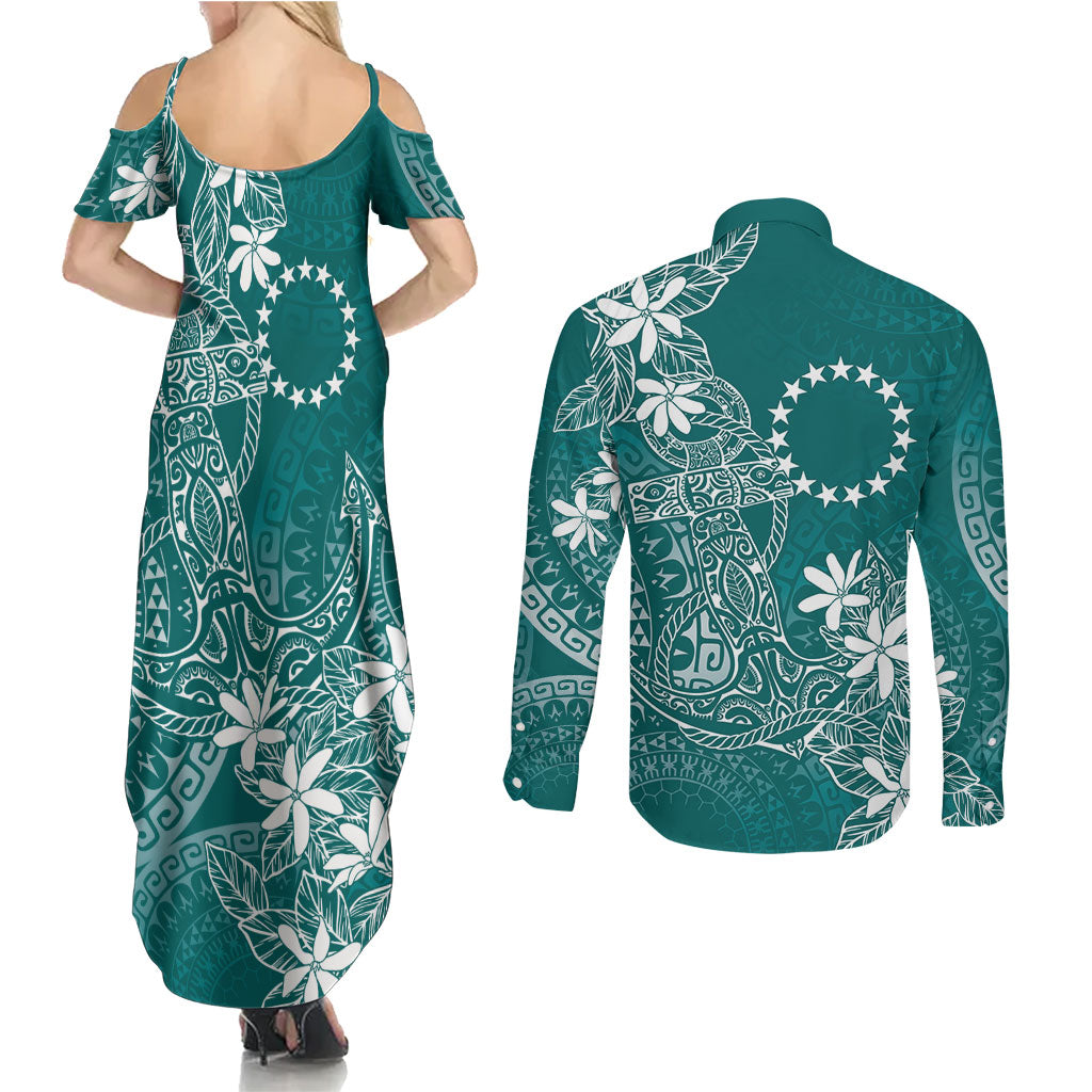 Teal Kuki Airani Tapakau Couples Matching Summer Maxi Dress and Long Sleeve Button Shirt Tribal Anchor Mix Tiare