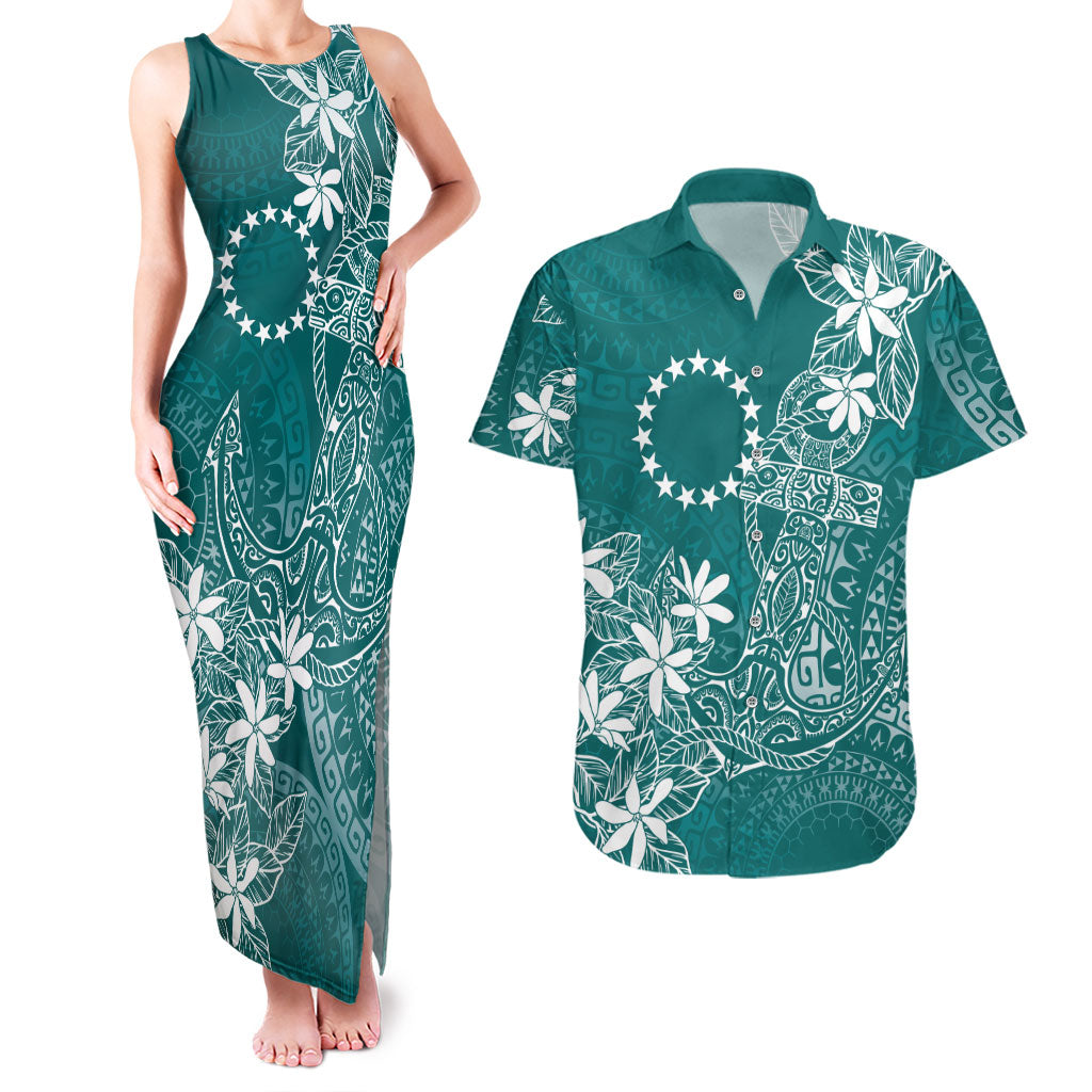 Teal Kuki Airani Tapakau Couples Matching Tank Maxi Dress and Hawaiian Shirt Tribal Anchor Mix Tiare LT7 Teal - Polynesian Pride