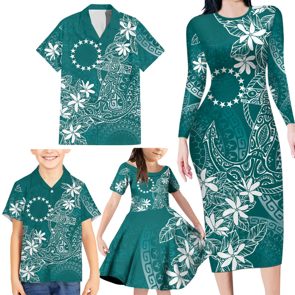 Teal Kuki Airani Tapakau Family Matching Long Sleeve Bodycon Dress and Hawaiian Shirt Tribal Anchor Mix Tiare LT7 - Polynesian Pride