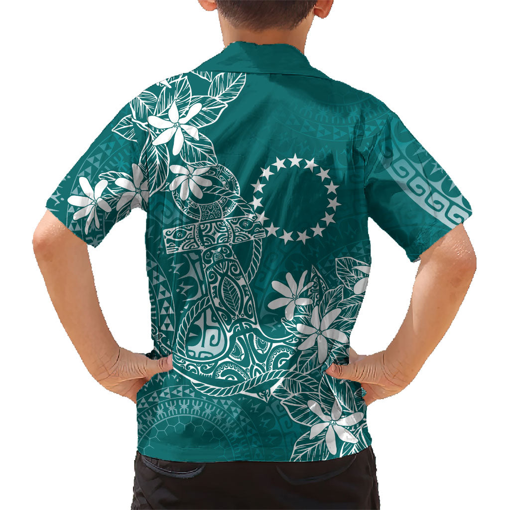 Teal Kuki Airani Tapakau Family Matching Off Shoulder Maxi Dress and Hawaiian Shirt Tribal Anchor Mix Tiare LT7 - Polynesian Pride