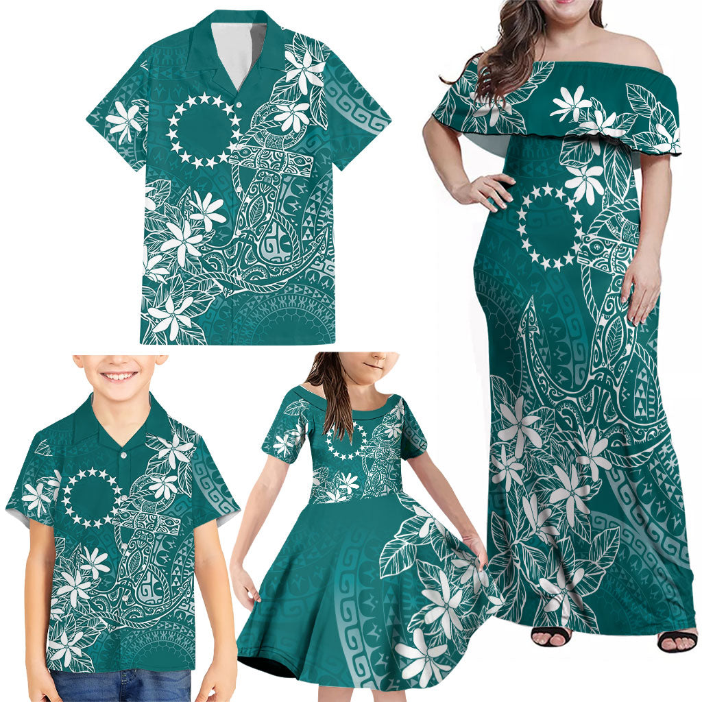 Teal Kuki Airani Tapakau Family Matching Off Shoulder Maxi Dress and Hawaiian Shirt Tribal Anchor Mix Tiare LT7 - Polynesian Pride