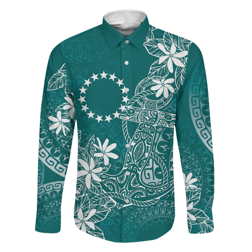 Teal Kuki Airani Tapakau Family Matching Off Shoulder Maxi Dress and Hawaiian Shirt Tribal Anchor Mix Tiare LT7 Dad's Shirt - Long Sleeve Teal - Polynesian Pride