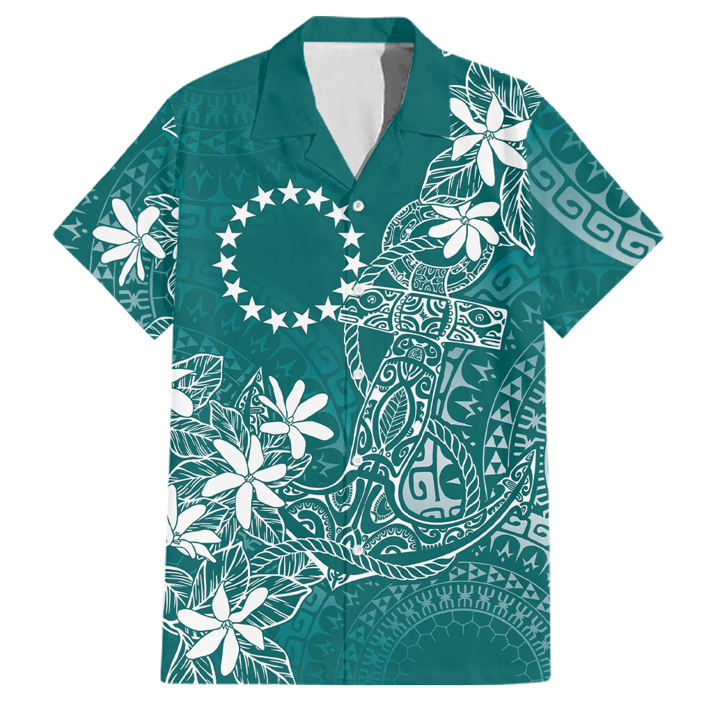 Teal Kuki Airani Tapakau Family Matching Off Shoulder Short Dress and Hawaiian Shirt Tribal Anchor Mix Tiare LT7 Dad's Shirt - Short Sleeve Teal - Polynesian Pride