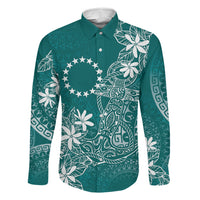 Teal Kuki Airani Tapakau Family Matching Off Shoulder Short Dress and Hawaiian Shirt Tribal Anchor Mix Tiare LT7 Dad's Shirt - Long Sleeve Teal - Polynesian Pride