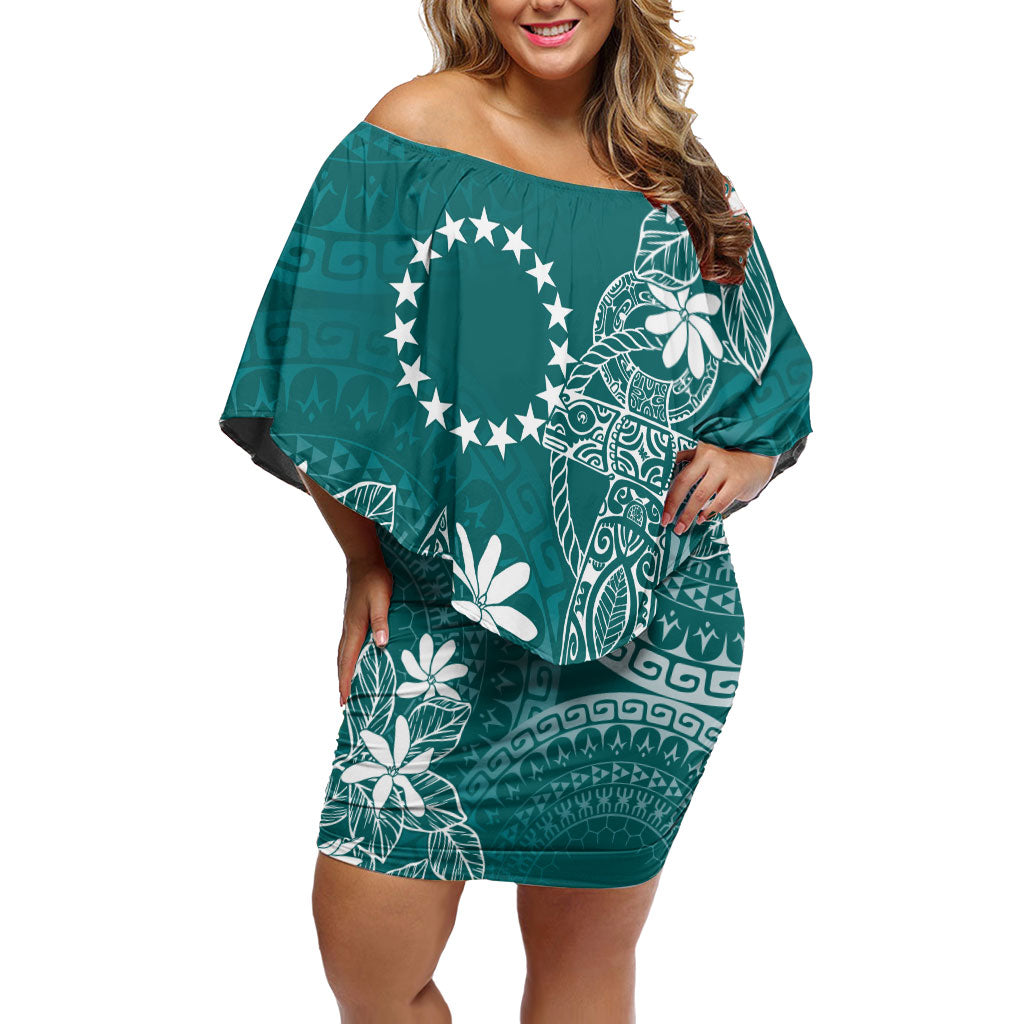 Teal Kuki Airani Tapakau Family Matching Off Shoulder Short Dress and Hawaiian Shirt Tribal Anchor Mix Tiare LT7 Mom's Dress Teal - Polynesian Pride