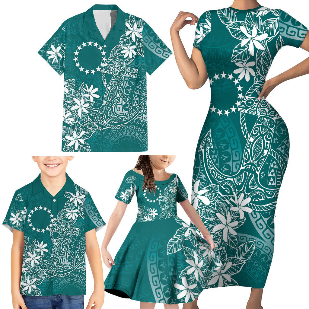 Teal Kuki Airani Tapakau Family Matching Short Sleeve Bodycon Dress and Hawaiian Shirt Tribal Anchor Mix Tiare