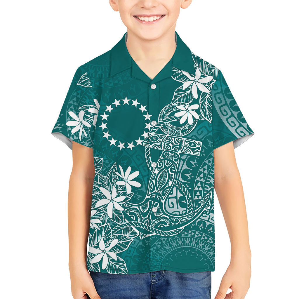 Teal Kuki Airani Tapakau Family Matching Short Sleeve Bodycon Dress and Hawaiian Shirt Tribal Anchor Mix Tiare LT7 Son's Shirt Teal - Polynesian Pride