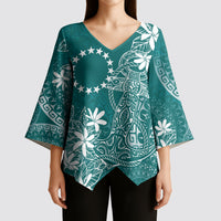 Teal Kuki Airani Tapakau Kimono Sleeve Blouse Tribal Anchor Mix Tiare
