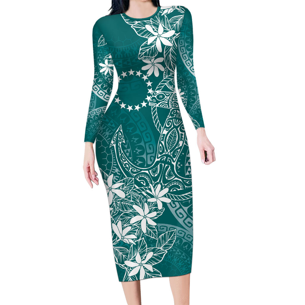 Teal Kuki Airani Tapakau Long Sleeve Bodycon Dress Tribal Anchor Mix Tiare