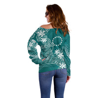 Teal Kuki Airani Tapakau Off Shoulder Sweater Tribal Anchor Mix Tiare