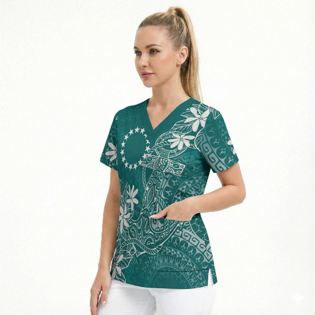 Teal Kuki Airani Tapakau Scrub Top Tribal Anchor Mix Tiare
